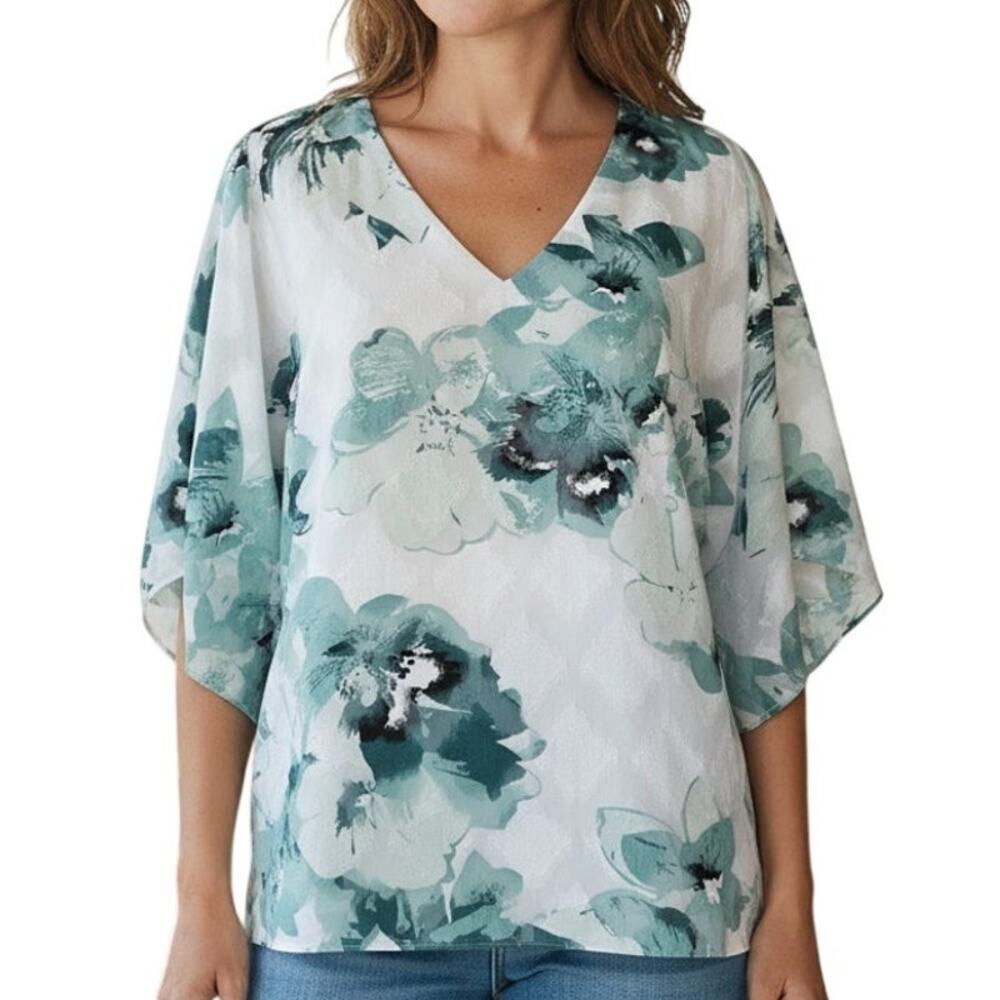 White House Black Market Floral Top Womens Small White & Green Career Blouse